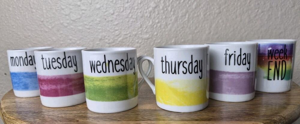 Galileo Mini Coffee Cups Days of the Week 6 Piece Set Rainbow Colors Porcelain